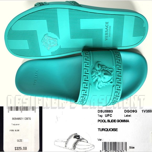 VERSACE mens 42EU - 9US turquoise CARDINAL Medusa head FLIP-FLOP slide sandals - Picture 6 of 9